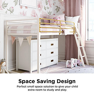 Your little one is starting to express their own unique personality as they outgrow their old kids’ room decor. What better way to support your tween’s emerging sense of individuality than by giving them a space that can grow with them through their teen years? Thanks to the Little Seeds Monarch Hill Haven metal junior loft bed, your tween can have the space of their dreams without making any sacrifices to your design budget. This beautiful white bed with its clean lines and goldtone bed rail will be the sophisticated, yet glamorous, focal piece for your tween’s room that you’ve been searching for. The loft bed fits a standard twin mattress with a maximum height of 6 inches, no box spring required. This bed will maximize your tween’s space, giving them plenty of room for their friends and hobbies for many years to come.Made with metal; white and goldtone finish | Twin-size loft bed for small spaces | Full-length guardrails | Angled ladder with wide steps | No additional box spring or foundation required; fits a standard twin-size mattress with a maximum height of 6”, not included | 1-year limited warranty; available in multiple colors | Ships in 1 box; assembly required