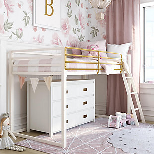 Your little one is starting to express their own unique personality as they outgrow their old kids’ room decor. What better way to support your tween’s emerging sense of individuality than by giving them a space that can grow with them through their teen years? Thanks to the Little Seeds Monarch Hill Haven metal junior loft bed, your tween can have the space of their dreams without making any sacrifices to your design budget. This beautiful white bed with its clean lines and goldtone bed rail will be the sophisticated, yet glamorous, focal piece for your tween’s room that you’ve been searching for. The loft bed fits a standard twin mattress with a maximum height of 6 inches, no box spring required. This bed will maximize your tween’s space, giving them plenty of room for their friends and hobbies for many years to come.Made with metal; white and goldtone finish | Twin-size loft bed for small spaces | Full-length guardrails | Angled ladder with wide steps | No additional box spring or foundation required; fits a standard twin-size mattress with a maximum height of 6”, not included | 1-year limited warranty; available in multiple colors | Ships in 1 box; assembly required