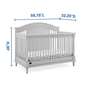 Elegant spindles, gorgeous molding and fluted legs with intricate carvings give the Juliette 6-in-1 Convertible Crib by Simmons Kids a sophisticated look. This crib’s grow-with-me design features three adjustable height levels that allow the crib to be lowered as your child grows, plus it converts from a crib, to a toddler bed, sofa, daybed, size bed with headboard or size bed with headboard and footboard. The only bed your little one will ever need, this versatile crib will take you from the nursery to high school, and all the years in between. Toddler Guardrail included; Size Bed Rails sold separately. To complete your nursery, pair with the coordinating Juliette 6 Drawer Dresser with Changing Top. Producing the finest furniture for over 80 years, Simmons Kids has always been committed to the safety of every family. All Simmons Kids cribs are JPMA certified, are rigorously tested to meet or exceed all industry safety standards.Safe option for your baby: this crib is jpma certified to meet or exceed all safety standards set by the cpsc & astm; we know chemicals have no place in your nursery, so we use a non-toxic multi-step painting process that is lead and phthalate safe | 6-in-1 convertible crib: crib converts to toddler bed, daybed, sofa, a size bed with headboard and footboard and size bed with headboard only; daybed/sofa/toddler guardrail kit included ( size wood bed rails #0050 or size metal bed frame #0040 sold separately); available in moonstruck grey or bianca white | Adjustable height: adjustable height mattress support with 3 convenient positions to grow with your baby | Coordinating items: pair with the juliette 6 drawer dresser with changing top for the perfect baby nursery; uses a standard size crib mattress (sold separately); to ensure the perfect fit pair your crib with a delta children, serta, beautyrest or simmons kids crib mattress | Quality material: made of sustainable woods like new zealand pine wood, poplar wood and tsca compliant engineered wood; tested for lead and other toxic elements to meet or exceed government and astm safety standards | Size: assembled dimensions: 56.75"w x 32.25"d x 46"h; easy assembly