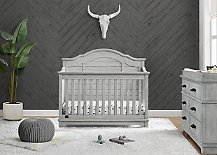 The elegant curves and shiplap-inspired headboard of the Asher 6-in-1 Convertible Baby Crib by Simmons Kids are brought to life with a lightly textured finish. A great option for your baby's nursery, this convertible crib features a dramatic silhouette that will make it the focal point of any bedroom for years to come. Its grow-with-me design features three adjustable height levels that allow the crib to be lowered as your child grows, plus it converts from a crib, to a toddler bed, sofa, daybed, full size bed with headboard or full size bed with headboard and footboard. The only bed your little one will ever need, this versatile crib will take you from the nursery to high school, and all the years in between. Toddler Guardrail included; Full Size Bed Rails sold separately. Given the hand applied nature of this baby crib’s finish, variations in the wood are to be expected and celebrated.  Producing the finest furniture for over 80 years, Simmons Kids has always been committed to the safety of every family. All Simmons Kids cribs are JPMA certified, are rigorously tested to meet or exceed all industry safety standards.Safe option for your baby: this crib is jpma certified to meet or exceed all safety standards set by the cpsc & astm; we know chemicals have no place in your nursery, so we use a non-toxic multi-step painting process that is lead and phthalate safe | 6-in-1 convertible crib: crib converts to toddler bed, daybed, sofa, a full size bed with headboard and footboard and full size bed with headboard only; daybed/sofa/toddler guardrail kit included (full size wood bed rails #330750 or full size metal bed frame #0040 sold separately); available in rustic mist or rustic grey. Crib features a softy textured finish that’s hand applied | Adjustable height: adjustable height mattress support with 3 convenient positions to grow with your baby | Coordinating items: pair with the asher 6 drawer dresser with changing top for the perfect baby nursery, uses a standard size crib mattress (sold separately) to ensure the perfect fit pair your crib with a delta children, serta, beautyrest or simmons kids crib mattress | Quality material: made of sustainable woods like new zealand pine and tsca compliant engineered wood tested for lead and other toxic elements to meet or exceed government and astm safety standards | Size: assembled dimensions: 56.75"w x 31"d x 49.5"h, easy assembly