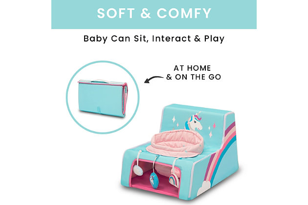 This Sit N Play Portable Activity Seat by Delta Children will encourage your baby to sit, interact and play, at home and on the go. The supportive upright seat allows your baby to see and interact with world in absolute comfort while the enchanting unicorn design features the finest mythical creature around. Your little one will love playing with the engaging unicorn and rainbow toys that help increase gross motor skills, and you'll love how easy it is to clean--just remove the seat pad and pop it in the washing machine. The rest of the activity seat features water-and-stain-resistant fabric that's easy to wipe clean! Ideal for travel, this infant floor seat features an innovative zippered design and convenient carry handle-unzip to easily fold flat in seconds. Delta Children was founded around the idea of making safe, high-quality children's furniture affordable for all families. They know there's nothing more important than safety when it comes to your child's space. That's why all Delta Children products are built with long-lasting materials to ensure they stand up to years of use. Plus, they are rigorously tested to meet or exceed all industry safety standards.Keeps baby happy: this soft and portable activity seat supports baby in an upright position; provides a comfy environment that will keep baby entertained at home or on the go; allows baby to see and interact with their surroundings | Folds flat: innovative zippered design provides quick and compact fold for space-saving storage; attached handle and hook and loop closure makes it extremely portable; folded size: 17.5”w x 12”d x 3”h; assembled size: 17.5”w x 21”d 14”h | Improves gross motor skills: as babies reach for the 3 unicorn-inspired toys they will increase their gross motor skills; 3 toys include a rattle, squeaker and crinkle toy | Easy to clean: zippered seat pad is removable and machine washable; rest of seat features water-and-stain-resistant fabric that’s easy to wipe clean | Recommended use: for babies 6 months+; use only with a child who is able to hold head up unassisted until they are able to climb out or walk