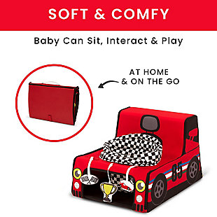 This Sit N Play Portable Activity Seat by Delta Children will encourage your baby to sit, interact and play, at home and on the go. The supportive upright seat allows your baby to see and interact with world in absolute comfort while the colorful race car design is ready to hit the make-believe road. Your little one will love playing with the engaging racing-inspired toys that help increase gross motor skills, and you'll love how easy it is to clean--just remove the seat pad and pop it in the washing machine. The rest of the activity seat features water-and-stain-resistant fabric that's easy to wipe clean! Ideal for travel, this infant floor seat features an innovative zippered design and convenient carry handle-unzip to easily fold flat in seconds. Delta Children was founded around the idea of making safe, high-quality children's furniture affordable for all families. They know there's nothing more important than safety when it comes to your child's space. That's why all Delta Children products are built with long-lasting materials to ensure they stand up to years of use. Plus, they are rigorously tested to meet or exceed all industry safety standards.Keeps baby happy: this soft and portable activity seat supports baby in an upright position; provides a comfy environment that will keep baby entertained at home or on the go; allows baby to see and interact with their surroundings | Folds flat: innovative zippered design provides quick and compact fold for space-saving storage; attached handle and hook and loop closure makes it extremely portable; folded size: 17.5”w x 12”d x 3”h; assembled size: 17.5”w x 21”d 14”h | Improves gross motor skills: as babies reach for the 3 unicorn-inspired toys they will increase their gross motor skills; 3 toys include a rattle, squeaker and crinkle toy | Easy to clean: zippered seat pad is removable and machine washable; rest of seat features water-and-stain-resistant fabric that’s easy to wipe clean | Recommended use: for babies 6 months+; use only with a child who is able to hold head up unassisted until they are able to climb out or walk