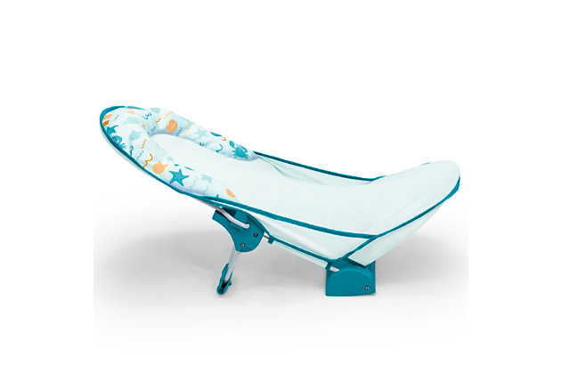 This Baby Bather by Delta Children provides a safe place to bathe your newborn. The bather's soft mesh material is gentle on baby's delicate skin and is easy to clean--the 2-poistion recline ensures your baby is in a comfortable position throughout bath time. Additional cushioning at the top provides needed head support. Use it in your sink or bath tub. The bather's compact fold is convenient for storage or travel.Recommended use: ideal for infants 0-6 months; holds up to 20 lbs.; use this bather until baby is sitting up unassisted | FITS IN SINKS AND BATH TUBS: Great alternative to bulky baby bath tub, this bather easily fits in your sink or tub without taking up a lot of space;| Assembled dimensions: 13"W x 22"L x 12"H | Compact fold for storage and travel: bather easily folds so you can store in any space or take on trips; folded dimensions 13"w x 14"l x 2.5"h | Adjustable recline: make baby as comfortable as possible with this newborn baby bath that features a 2-position recline; added cushioning cradles baby's head and provides needed support | Easy to clean: the soft mesh material is gentle on baby's delicate skin and easy to clean