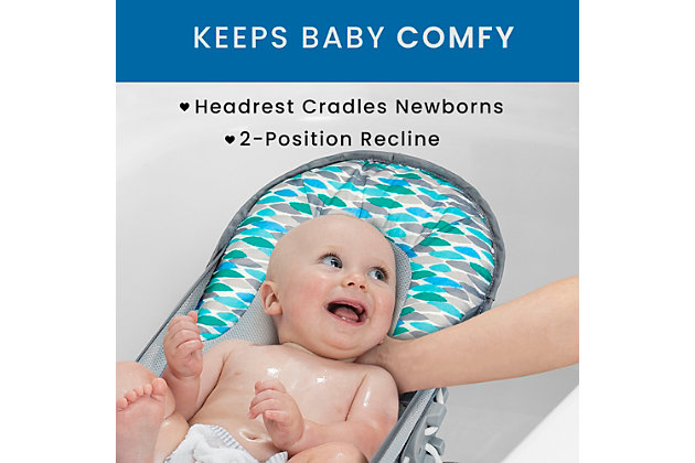 This Baby Bather by Delta Children provides a safe place to bathe your newborn. The bather's soft mesh material is gentle on baby's delicate skin and is easy to clean--the 2-poistion recline ensures your baby is in a comfortable position throughout bath time. Additional cushioning at the top provides needed head support. Use it in your sink or bath tub. The bather's compact fold is convenient for storage or travel.Recommended use: ideal for infants 0-6 months; holds up to 20 lbs.; use this bather until baby is sitting up unassisted | Fits in sinks and bath tubs: great alternative to bulky baby bath tub, this bather easily fits in your sink or tub without taking up a lot of space; assembled dimensions: 13"w x 22"l x 12"h | Compact fold for storage and travel: bather easily folds so you can store in any space or take on trips; folded dimensions 13"w x 14"l x 2.5"h | Adjustable recline: make baby as comfortable as possible with this newborn baby bath that features a 2-position recline; added cushioning cradles baby's head and provides needed support | Easy to clean: the soft mesh material is gentle on baby's delicate skin and easy to clean