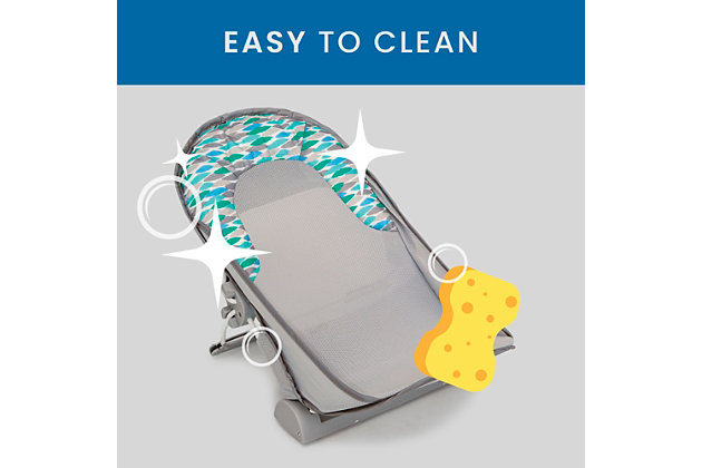 This Baby Bather by Delta Children provides a safe place to bathe your newborn. The bather's soft mesh material is gentle on baby's delicate skin and is easy to clean--the 2-poistion recline ensures your baby is in a comfortable position throughout bath time. Additional cushioning at the top provides needed head support. Use it in your sink or bath tub. The bather's compact fold is convenient for storage or travel.Recommended use: ideal for infants 0-6 months; holds up to 20 lbs.; use this bather until baby is sitting up unassisted | Fits in sinks and bath tubs: great alternative to bulky baby bath tub, this bather easily fits in your sink or tub without taking up a lot of space; assembled dimensions: 13"w x 22"l x 12"h | Compact fold for storage and travel: bather easily folds so you can store in any space or take on trips; folded dimensions 13"w x 14"l x 2.5"h | Adjustable recline: make baby as comfortable as possible with this newborn baby bath that features a 2-position recline; added cushioning cradles baby's head and provides needed support | Easy to clean: the soft mesh material is gentle on baby's delicate skin and easy to clean