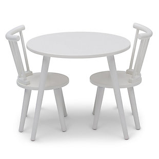 Your little one will use the Homestead Kids Table and Chair Set by Delta Children to play, create and learn. This sturdy wooden set includes a table and two coordinating chairs designed in a traditional American style. The table features a round top and the chairs feature a recognizable Windsor-style silhouette with vertical spokes and curved backs. A great play table that you'll love as much as they do, it's the prefect option for kids' bedrooms and playrooms yet stylish enough for shared living space. Completely kid-friendly, the set is the ideal height for growing children and growing families. For additional seating, purchase the coordinating Homestead 2-Piece Chair Set (sold separately).  Delta Children was founded around the idea of making safe, high-quality children's products affordable for all families. They know there's nothing more important than safety when it comes to your child's space. That's why all Delta Children products are built with long-lasting materials to ensure they stand up to years of jumping and playing. Plus, they are rigorously tested to meet or exceed all industry safety standards.Set includes 1 table and 2 chairs | Sturdy wood construction provides a stable play space; ideal for arts & crafts, puzzles, reading and more | Durable non-toxic finish is child-safe and gender-neutral; table top and chairs are easy to clean; tested for lead and other toxic elements to meet or exceed astm safety standards | Assembled dimensions: table 22"w x 22"d x 18"h - chairs 12.25"w x 13.25"d x 21"h | Add the homestead 2 pc. Chair set #w106301 and invite 2 more friends to play