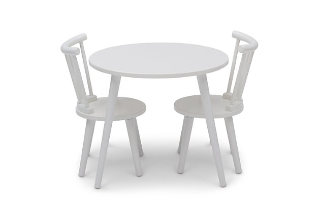 Your little one will use the Homestead Kids Table and Chair Set by Delta Children to play, create and learn. This sturdy wooden set includes a table and two coordinating chairs designed in a traditional American style. The table features a round top and the chairs feature a recognizable Windsor-style silhouette with vertical spokes and curved backs. A great play table that you'll love as much as they do, it's the prefect option for kids' bedrooms and playrooms yet stylish enough for shared living space. Completely kid-friendly, the set is the ideal height for growing children and growing families. For additional seating, purchase the coordinating Homestead 2-Piece Chair Set (sold separately). Delta Children was founded around the idea of ma safe, high-quality children's products affordable for all families. They know there's nothing more important than safety when it comes to your child's space. That's why all Delta Children products are built with long-lasting materials to ensure they stand up to years of jumping and playing. Plus, they are rigorously tested to meet or exceed all industry safety standards.Set includes 1 table and 2 chairs | Sturdy wood construction provides a stable play space; ideal for arts & crafts, puzzles, reading and more | Durable non-toxic finish is child-safe and gender-neutral; table top and chairs are easy to clean; tested for lead and other toxic elements to meet or exceed astm safety standards | Assembled dimensions: table 22"w x 22"d x 18"h - chairs 12.25"w x 13.25"d x 21"h | Add the homestead 2 pc. Chair set #w106301 and invite 2 more friends to play
