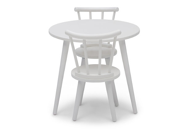 Your little one will use the Homestead Kids Table and Chair Set by Delta Children to play, create and learn. This sturdy wooden set includes a table and two coordinating chairs designed in a traditional American style. The table features a round top and the chairs feature a recognizable Windsor-style silhouette with vertical spokes and curved backs. A great play table that you'll love as much as they do, it's the prefect option for kids' bedrooms and playrooms yet stylish enough for shared living space. Completely kid-friendly, the set is the ideal height for growing children and growing families. For additional seating, purchase the coordinating Homestead 2-Piece Chair Set (sold separately).  Delta Children was founded around the idea of making safe, high-quality children's products affordable for all families. They know there's nothing more important than safety when it comes to your child's space. That's why all Delta Children products are built with long-lasting materials to ensure they stand up to years of jumping and playing. Plus, they are rigorously tested to meet or exceed all industry safety standards.Set includes 1 table and 2 chairs | Sturdy wood construction provides a stable play space; ideal for arts & crafts, puzzles, reading and more | Durable non-toxic finish is child-safe and gender-neutral; table top and chairs are easy to clean; tested for lead and other toxic elements to meet or exceed astm safety standards | Assembled dimensions: table 22"w x 22"d x 18"h - chairs 12.25"w x 13.25"d x 21"h | Add the homestead 2 pc. Chair set #w106301 and invite 2 more friends to play