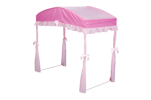 Add whimsical touch to your nursery with the pink Delta Toddler Bed Canopy. It creates a cozy, relaxing space for your little one to sleep. This pink toddler bed fits most wooden or plastic toddler beds. The ribbon and ruffle add elegance to the Delta Toddler Bed Canopy. Create a magical space in your child's room with this kid's canopy bedCan be used with most wooden and plastic toddler beds | Fits toddler bed size: 53 inches l x 29 inches w | Easy to assemble | Bed not included | Assembled dimensions: 53.5”l x 29”w x 50”h