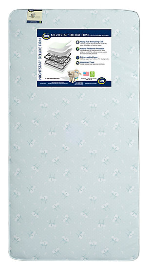 Infants need a firm foundation, and Serta’s Nightstar Deluxe Firm Crib and Toddler Mattress provides the support essential for a good night’s rest. Other features include: full perimeter border support for long-lasting stability, air vents that help the mattress breath and keep it fresh, plus a waterproof vinyl cover for easy cleanups.  All Serta crib mattresses are GREENGUARD Gold Certified and meet the strictest standards offered by the GREENGUARD Environmental Institute, which recognizes products with low chemical emissions, contributing to improved indoor air quality.120 heavy duty coils | Full perimeter border wire | Insulator layer for support | Waterproof vinyl cover | Greenguard gold certified: recognizes products with low chemical emissions, contributing to improved indoor air quality | Natural cotton fire protection wrap; meets or exceeds flammability, lead, phthalate and cpsia testing and does not contain toxic fire retardants | Air vents for added freshness | Cloth binding | Dimensions 52” x 27.5” < 6”; limited 25 year warranty; made in usa