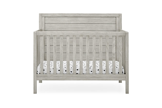 The Cambridge 4-in-1 Convertible Baby Crib by Delta Children helps make your baby's nursery a true expression of your style. This baby crib showcases clean lines and a distressed, textured finish that comes together to create the perfect yin and yang between rugged and refined. A one-of-a-kind option for your little one, the Cambridge 4-in-1 Convertible Baby Crib is designed with a solid headboard that's accented with shiplap-inspired horizontal planks that instantly brings warmth and character to any baby's room. A welcome spot for sweet dreams for years to come, this crib allows you to easily lower the mattress support to any of the three height levels to accommodate your child as they begin to sit or stand. And to make sure it's the only bed your child will need in their lifetime, it easily adapts from a crib to a toddler bed, a daybed, and a full size bed. Delta Children was founded around the idea of making safe, high-quality cribs affordable for all families. That's why all Delta Children cribs are JPMA certified, and are tested above and beyond industry standards.The safest option for your baby: this crib is jpma certified to meet or exceed all safety standards set by the cpsc & astm. We know chemicals have no place in your nursery, so we use a non-toxic multi-step painting process that is lead and phthalate safe | 4-in-1 convertible crib: crib converts to toddler bed, daybed, sofa, a full size platform style bed with headboard and footboard and a full size bed with headboard only (toddler guardrail #701725, full size wood platform bed kit #700850 or full size metal bed frame #0040 sold separately). Available in rustic mist. Crib features a softy textured finish that’s hand applied | Adjustable height: adjustable height mattress support with 3 convenient positions to grow with your baby |access rail heights: from floor - 35.75" from bottom mattress support position - 26.50" from top mattress support position - 19" | Coordinating items: pair with the cambridge 3 drawer dresser with changing top for the perfect baby nursery. Uses a standard size crib mattress (sold separately). To ensure the perfect fit pair your crib with a delta children, serta, beautyrest or simmons kids crib mattress | Quality material: made of sustainable new zealand pine wood and tsca compliant engineered wood. Tested for lead and other toxic elements to meet or exceed government and astm safety standards | Size: assembled dimensions: 55"w x 29.5"d x 46.25"h. Easy assembly