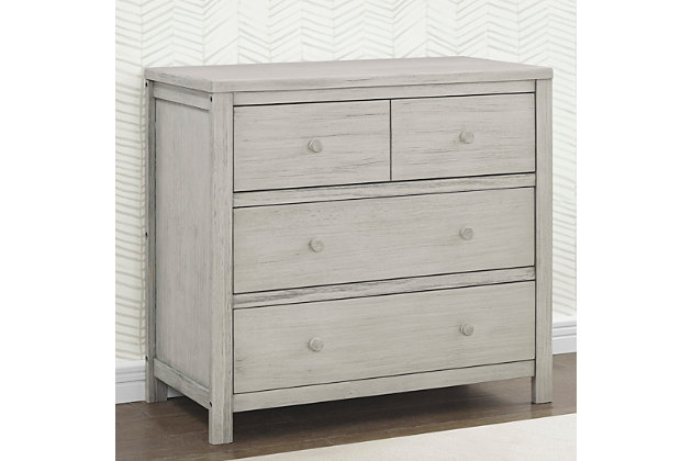 The rustic, extra-roomy Cambridge 3 Drawer Dresser from Delta Children features a unique textured finish that allows for the deep grain of the wood to show through. Built to last, it has a smooth metal glide system with safety stops that prevent drawers from pulling out, making it easy and safe for kids to manage on their own. Complete your nursery with the coordinating Cambridge 4-in-1 Convertible Crib. This dresser is UL Stability Verified, tested to ASTM F2057 Furniture Safety Standard , the voluntary industry tip over standard for dressers. For your children’s safety, only purchase dressers that comply with this standard. For additional security, Delta strongly recommends that all dressers in your home be anchored; all Delta dressers include a wall anchor. To learn how to properly secure your dresser, please see the product assembly instructions or visit our website.Versatile storage: this dresser features three drawers for plenty of storage space | The safest option: we know chemicals have no place in your house, so we use a non-toxic multi-step painting process that is lead and phthalate safe. Dresser includes tipover restraint (safety anchor) for you to securely attach it to your wall. Product is ul stability verified, tested to astm f2057 furniture safety standard | Coordinating items: the cambridge 3 drawer dresser coordinates with other items from the delta children cambridge collection. Available in rustic mist. Softy textured hand applied finish | Quality material: made of sustainable new zealand pine wood, tsca compliant engineered wood, and metal. Tested for lead and other toxic elements to meet or exceed government and astm safety standards. Durable and easy to clean finish; wipe with damp cloth and dry immediately | Size: assembled dimensions: 36.75"w x 19.25"d x 34"h. Interior drawer size: 30.75"w x 13.75"d x 5.75"h. Easy assembly