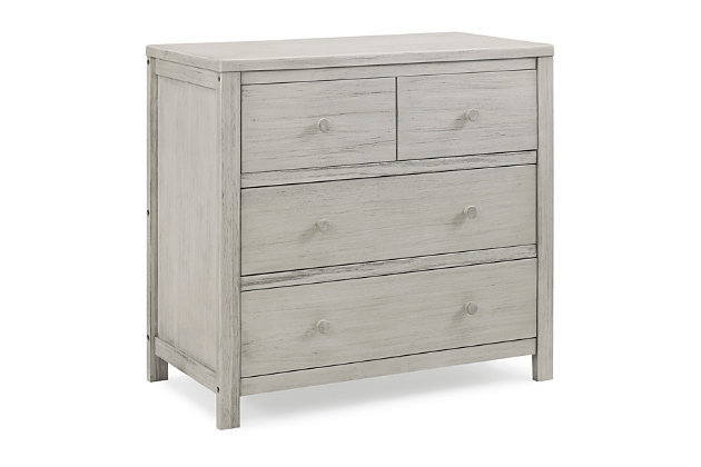The rustic, extra-roomy Cambridge 3 Drawer Dresser from Delta Children features a unique textured finish that allows for the deep grain of the wood to show through. Built to last, it has a smooth metal glide system with safety stops that prevent drawers from pulling out, making it easy and safe for kids to manage on their own. Complete your nursery with the coordinating Cambridge 4-in-1 Convertible Crib. This dresser is UL Stability Verified, tested to ASTM F2057 Furniture Safety Standard , the voluntary industry tip over standard for dressers. For your children’s safety, only purchase dressers that comply with this standard. For additional security, Delta strongly recommends that all dressers in your home be anchored; all Delta dressers include a wall anchor. To learn how to properly secure your dresser, please see the product assembly instructions or visit our website.Versatile storage: this dresser features three drawers for plenty of storage space | The safest option: we know chemicals have no place in your house, so we use a non-toxic multi-step painting process that is lead and phthalate safe. Dresser includes tipover restraint (safety anchor) for you to securely attach it to your wall. Product is ul stability verified, tested to astm f2057 furniture safety standard | Coordinating items: the cambridge 3 drawer dresser coordinates with other items from the delta children cambridge collection. Available in rustic mist. Softy textured hand applied finish | Quality material: made of sustainable new zealand pine wood, tsca compliant engineered wood, and metal. Tested for lead and other toxic elements to meet or exceed government and astm safety standards. Durable and easy to clean finish; wipe with damp cloth and dry immediately | Size: assembled dimensions: 36.75"w x 19.25"d x 34"h. Interior drawer size: 30.75"w x 13.75"d x 5.75"h. Easy assembly