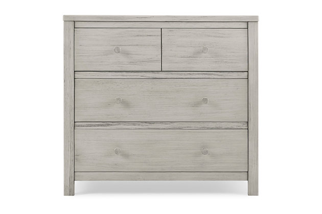 The rustic, extra-roomy Cambridge 3 Drawer Dresser from Delta Children features a unique textured finish that allows for the deep grain of the wood to show through. Built to last, it has a smooth metal glide system with safety stops that prevent drawers from pulling out, ma it easy and safe for kids to manage on their own. Complete your nursery with the coordinating Cambridge 4-in-1 Convertible Crib. This dresser is UL Stability Verified, tested to ASTM F2057 Furniture Safety Standard , the voluntary industry tip over standard for dressers. For your children’s safety, only purchase dressers that comply with this standard. For additional security, Delta strongly recommends that all dressers in your home be anchored; all Delta dressers include a wall anchor. To learn how to properly secure your dresser, please see the product assembly instructions or visit our website.Versatile storage: this dresser features three drawers for plenty of storage space | The safest option: we know chemicals have no place in your house, so we use a non-toxic multi-step painting process that is lead and phthalate safe. Dresser includes tipover restraint (safety anchor) for you to securely attach it to your wall. Product is ul stability verified, tested to astm f2057 furniture safety standard | Coordinating items: the cambridge 3 drawer dresser coordinates with other items from the delta children cambridge collection. Available in rustic mist. Softy textured hand applied finish | Quality material: made of sustainable new zealand pine wood, tsca compliant engineered wood, and metal. Tested for lead and other toxic elements to meet or exceed government and astm safety standards. Durable and easy to clean finish; wipe with damp cloth and dry immediately | Size: assembled dimensions: 36.75"w x 19.25"d x 34"h. Interior drawer size: 30.75"w x 13.75"d x 5.75"h. Easy assembly