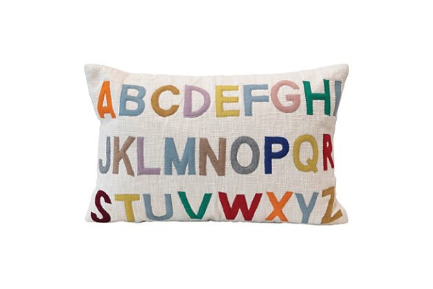 This cotton pillow instantly upgrades any children’s bedroom or play room, and features a multi colored embroidered alphabet. Made out of cotton lumbar, this pillow brings both comfort and unique style to any seating and is perfect for any home with kidsThis cotton lumbar abc pillow is perfect for any kids bedroom or playroom | Made out of cotton lumbar | Great for kids rooms | Adds both style and comfort to any seat