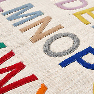 This cotton pillow instantly upgrades any children’s bedroom or play room, and features a multi colored embroidered alphabet. Made out of cotton lumbar, this pillow brings both comfort and unique style to any seating and is perfect for any home with kidsThis cotton lumbar abc pillow is perfect for any kids bedroom or playroom | Made out of cotton lumbar | Great for kids rooms | Adds both style and comfort to any seat