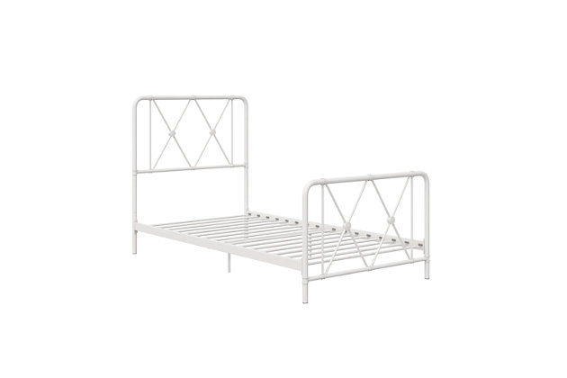 The Atwater Living Elianna Metal Farmhouse Bed has modern X-shaped accents on the headboard and footboard, 7" or 11" of adjustable underbed storage and a strong metal frame with secured slats, side rails, and center legs. Comes in many colors and sizes.Geometric patterns that add a pop of chic and minimalist modern design to your room décor. | Sturdy metal frame with secured metal slats with rounded edges and adorned with simple circular medallions. | Ships in one box. Offered in twin, full, queen and king sizes. Available in multiple colors. No additional foundation or box spring required. Mattress not included.