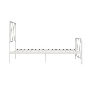 The Atwater Living Elianna Metal Farmhouse Bed has modern X-shaped accents on the headboard and footboard, 7" or 11" of adjustable underbed storage and a strong metal frame with secured slats, side rails, and center legs. Comes in many colors and sizes.Geometric patterns that add a pop of chic and minimalist modern design to your room décor. | Sturdy metal frame with secured metal slats with rounded edges and adorned with simple circular medallions. | Ships in one box. Offered in twin, full, queen and king sizes. Available in multiple colors. No additional foundation or box spring required. Mattress not included.