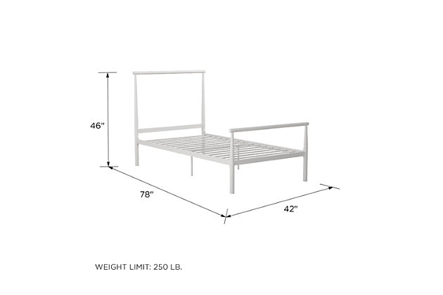 Bring on the Zen with the Atwater Living Alia Metal Bed. The Alia features a modern arched column headboard and footboard, a 7" or 11" adjustable clearance for underbed storage, and a sturdy metal frame with secured slats. Comes in many sizes and colors.Modern and industrial style metal bed with a minimalist headboard and footboard design. | Strong reinforced construction that includes side rails and additional center legs for support. | Adjustable base height – 7” or 11” clearance – to accommodate your under bed storage needs. Fits containers and bins for bags, shoes and seasonal clothing. | Secured metal slat system provide mattress support and breathability. No box spring needed.