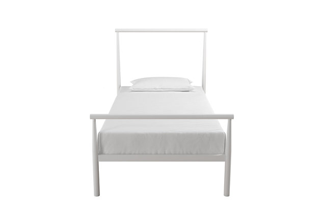 Bring on the Zen with the Atwater Living Alia Metal Bed. The Alia features a modern arched column headboard and footboard, a 7" or 11" adjustable clearance for underbed storage, and a sturdy metal frame with secured slats. Comes in many sizes and colors.Modern and industrial style metal bed with a minimalist headboard and footboard design. | Strong reinforced construction that includes side rails and additional center legs for support. | Adjustable base height – 7” or 11” clearance – to accommodate your under bed storage needs. Fits containers and bins for bags, shoes and seasonal clothing. | Secured metal slat system provide mattress support and breathability. No box spring needed.
