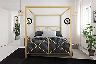 We all deserve to come home to a room that makes us feel good. The Atwater Living Reese Canopy Bed will instantly transform your bedroom into a sanctuary. Its modern inspiration is showcased through the well-edged posters and crisscross embellishment on the headboard and footboard. Crafted with sturdy metal frame, the slat support system provides you optimal support and allows air to flow freely beneath the mattress, keeping it fresher longer. What’s more, flaunt your style by adding in some sheer curtains to completely create a new look that perfectly represents you. Available in full and queen size in all black, white and gold finish. Ships in one box for easy handling and assembles quickly. This canopy bed is guaranteed to quickly become the centerpiece of your bedroom with its distinctive style. Enjoy tonight and every night with the Reese Canopy Bed.Sleek and modern design in a sturdy metal structure | Four-poster canopy bed with crisscross headboard and footboard | Available in black, white and gold