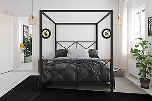 We all deserve to come home to a room that makes us feel good. The Atwater Living Reese Canopy Bed will instantly transform your bedroom into a sanctuary. Its modern inspiration is showcased through the well-edged posters and crisscross embellishment on the headboard and footboard. Crafted with sturdy metal frame, the slat support system provides you optimal support and allows air to flow freely beneath the mattress, keeping it fresher longer. What’s more, flaunt your style by adding in some sheer curtains to completely create a new look that perfectly represents you. Available in full and queen size in all black, white and gold finish. Ships in one box for easy handling and assembles quickly. This canopy bed is guaranteed to quickly become the centerpiece of your bedroom with its distinctive style. Enjoy tonight and every night with the Reese Canopy Bed.Sleek and modern design in a sturdy metal structure | Four-poster canopy bed with crisscross headboard and footboard | Available in black, white and gold