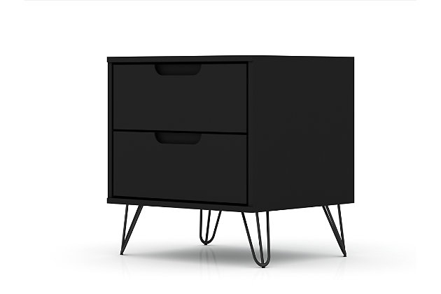 The Rockefeller nightstand is the perfect bedside table with two drawers that are ideal for tucking away personal items, tablets, books and beyond. Versatile in design with mid-century clean lines and modern splayed metal legs, this piece blends well with any existing decor and can be used from space to space.Mid-century black modern nightstand for bedroom and living room use | Choose your handle design when the product is in your home (option for cut-out edge handle, or flush design look) | Includes 2 spacious drawers with simple .75 gliding mechanism (11 lb. Capacity per drawer) | Fashionable wire splayed legs made of metal for extra durability | Perfect for storage or display items | Home assembly required. All hardware included.