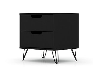 The Rockefeller nightstand is the perfect bedside table with two drawers that are ideal for tucking away personal items, tablets, books and beyond. Versatile in design with mid-century clean lines and modern splayed metal legs, this piece blends well with any existing decor and can be used from space to space.Mid-century black modern nightstand for bedroom and living room use | Choose your handle design when the product is in your home (option for cut-out edge handle, or flush design look) | Includes 2 spacious drawers with simple .75 gliding mechanism (11 lb. Capacity per drawer) | Fashionable wire splayed legs made of metal for extra durability | Perfect for storage or display items | Home assembly required. All hardware included.
