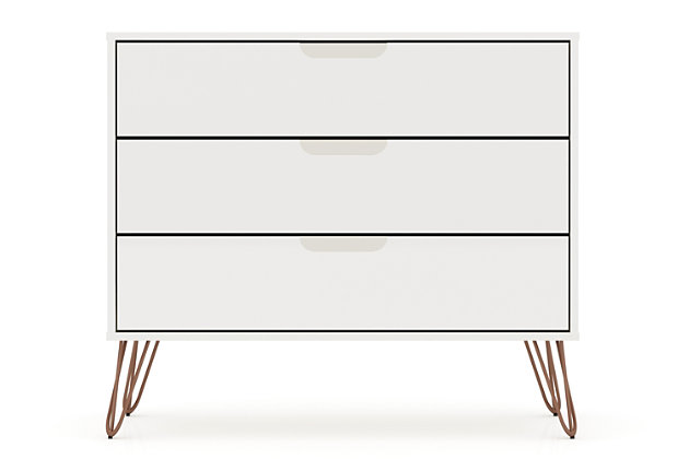 The Rockefeller dresser is the perfect accompaniment to any bedroom space with ample storage and minimalistic mid-century modern style. Cutout handles keep the piece feeling fresh with three drawers made easy for stowing away clothing, personal items and beyond. A display top allows for sharing favorite framed family photos, travel trinkets, perfume trays or a decorative lamp. Set it under a mirror or painting to complete your space with this instant bedroom focal point.Mid-century modern dresser for bedroom use | Choose your handle design when the product is in your home (option for cut-out edge handle, or flush design look) | Includes 3 spacious drawers with simple .75 gliding mechanism; option to fit up to a 32" tv stand with an 11 lb. Capacity per shelf | Fashionable wire splayed legs made of metal for extra durability | Anti-tip kit included | Home assembly required (all hardware included)