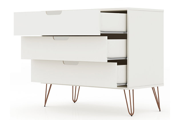 The Rockefeller dresser is the perfect accompaniment to any bedroom space with ample storage and minimalistic mid-century modern style. Cutout handles keep the piece feeling fresh with three drawers made easy for stowing away clothing, personal items and beyond. A display top allows for sharing favorite framed family photos, travel trinkets, perfume trays or a decorative lamp. Set it under a mirror or painting to complete your space with this instant bedroom focal point.Mid-century modern dresser for bedroom use | Choose your handle design when the product is in your home (option for cut-out edge handle, or flush design look) | Includes 3 spacious drawers with simple .75 gliding mechanism; option to fit up to a 32" tv stand with an 11 lb. Capacity per shelf | Fashionable wire splayed legs made of metal for extra durability | Anti-tip kit included | Home assembly required (all hardware included)