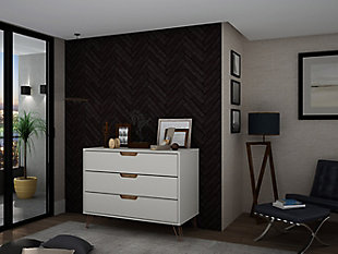 The Rockefeller dresser is the perfect accompaniment to any bedroom space with ample storage and minimalistic mid-century modern style. Cutout handles keep the piece feeling fresh with three drawers made easy for stowing away clothing, personal items and beyond. A display top allows for sharing favorite framed family photos, travel trinkets, perfume trays or a decorative lamp. Set it under a mirror or painting to complete your space with this instant bedroom focal point.Mid-century white modern dresser for bedroom use | Choose your handle design when the product is in your home (option for cut-out edge handle, or flush design look) | Includes 3 spacious drawers with simple .75 gliding mechanism;
option to fit up to a 32" tv stand with an 11 lb. Capacity per shelf | Fashionable wire splayed legs made of metal for extra durability | Anti-tip kit included | Home assembly required (all hardware included)