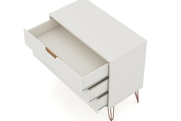 The Rockefeller dresser is the perfect accompaniment to any bedroom space with ample storage and minimalistic mid-century modern style. Cutout handles keep the piece feeling fresh with three drawers made easy for stowing away clothing, personal items and beyond. A display top allows for sharing favorite framed family photos, travel trinkets, perfume trays or a decorative lamp. Set it under a mirror or painting to complete your space with this instant bedroom focal point.Mid-century white modern dresser for bedroom use | Choose your handle design when the product is in your home (option for cut-out edge handle, or flush design look) | Includes 3 spacious drawers with simple .75 gliding mechanism;
option to fit up to a 32" tv stand with an 11 lb. Capacity per shelf | Fashionable wire splayed legs made of metal for extra durability | Anti-tip kit included | Home assembly required (all hardware included)