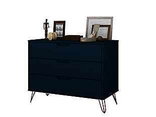 The Rockefeller dresser is the perfect accompaniment to any bedroom space with ample storage and minimalistic mid-century modern style. Cutout handles keep the piece feeling fresh with three drawers made easy for stowing away clothing, personal items and beyond. A display top allows for sharing favorite framed family photos, travel trinkets, perfume trays or a decorative lamp. Set it under a mirror or painting to complete your space with this instant bedroom focal point.Mid-century blue modern dresser for bedroom use | Choose your handle design when the product is in your home (option for cut-out edge handle, or flush design look) | Includes 3 spacious drawers with simple .75 gliding mechanism;
option to fit up to a 32" tv stand with an 11 lb. Capacity per shelf | Fashionable wire splayed legs made of metal for extra durability | Anti-tip kit included | Home assembly required (all hardware included)