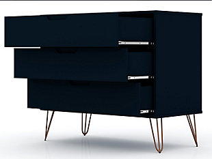 The Rockefeller dresser is the perfect accompaniment to any bedroom space with ample storage and minimalistic mid-century modern style. Cutout handles keep the piece feeling fresh with three drawers made easy for stowing away clothing, personal items and beyond. A display top allows for sharing favorite framed family photos, travel trinkets, perfume trays or a decorative lamp. Set it under a mirror or painting to complete your space with this instant bedroom focal point.Mid-century blue modern dresser for bedroom use | Choose your handle design when the product is in your home (option for cut-out edge handle, or flush design look) | Includes 3 spacious drawers with simple .75 gliding mechanism;
option to fit up to a 32" tv stand with an 11 lb. Capacity per shelf | Fashionable wire splayed legs made of metal for extra durability | Anti-tip kit included | Home assembly required (all hardware included)