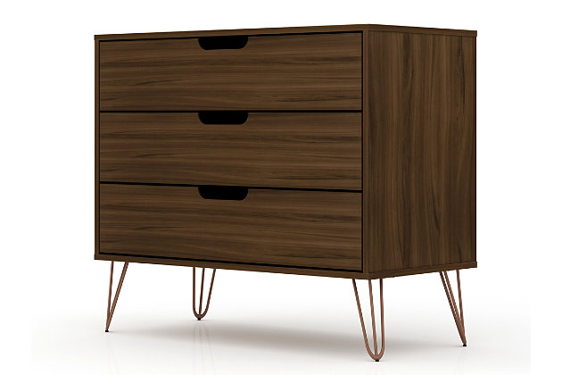 The Rockefeller dresser is the perfect accompaniment to any bedroom space with ample storage and minimalistic mid-century modern style. Cutout handles keep the piece feeling fresh with three drawers made easy for stowing away clothing, personal items and beyond. A display top allows for sharing favorite framed family photos, travel trinkets, perfume trays or a decorative lamp. Set it under a mirror or painting to complete your space with this instant bedroom focal point.Mid-century brown modern dresser for bedroom use | Choose your handle design when the product is in your home (option for cut-out edge handle, or flush design look) | Includes 3 spacious drawers with simple .75 gliding mechanism.
Option to fit up to a 32" tv stand, with an 11 lb. Capacity per shelf. | Fashionable wire splayed legs made of metal for extra durability | Anti-tip kit included | Home assembly required (all hardware included)