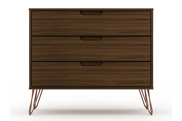 The Rockefeller dresser is the perfect accompaniment to any bedroom space with ample storage and minimalistic mid-century modern style. Cutout handles keep the piece feeling fresh with three drawers made easy for stowing away clothing, personal items and beyond. A display top allows for sharing favorite framed family photos, travel trinkets, perfume trays or a decorative lamp. Set it under a mirror or painting to complete your space with this instant bedroom focal point.Mid-century brown modern dresser for bedroom use | Choose your handle design when the product is in your home (option for cut-out edge handle, or flush design look) | Includes 3 spacious drawers with simple .75 gliding mechanism.
Option to fit up to a 32" tv stand, with an 11 lb. Capacity per shelf. | Fashionable wire splayed legs made of metal for extra durability | Anti-tip kit included | Home assembly required (all hardware included)