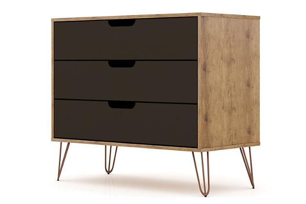 The Rockefeller dresser is the perfect accompaniment to any bedroom space with ample storage and minimalistic mid-century modern style. Cutout handles keep the piece feeling fresh with three drawers made easy for stowing away clothing, personal items and beyond. A display top allows for sharing favorite framed family photos, travel trinkets, perfume trays or a decorative lamp. Set it under a mirror or painting to complete your space with this instant bedroom focal point.Mid-century gray modern dresser for bedroom use | Choose your handle design when the product is in your home (option for cut-out edge handle, or flush design look) | Includes 3 spacious drawers with simple .75 gliding mechanism;
option to fit up to a 32" tv stand with an 11 lb. Capacity per shelf | Fashionable wire splayed legs made of metal for extra durability | Anti-tip kit included | Home assembly required (all hardware included)