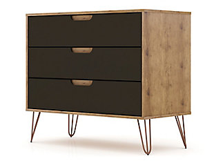The Rockefeller dresser is the perfect accompaniment to any bedroom space with ample storage and minimalistic mid-century modern style. Cutout handles keep the piece feeling fresh with three drawers made easy for stowing away clothing, personal items and beyond. A display top allows for sharing favorite framed family photos, travel trinkets, perfume trays or a decorative lamp. Set it under a mirror or painting to complete your space with this instant bedroom focal point.Mid-century gray modern dresser for bedroom use | Choose your handle design when the product is in your home (option for cut-out edge handle, or flush design look) | Includes 3 spacious drawers with simple .75 gliding mechanism;
option to fit up to a 32" tv stand with an 11 lb. Capacity per shelf | Fashionable wire splayed legs made of metal for extra durability | Anti-tip kit included | Home assembly required (all hardware included)