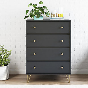 Free up closet space with the Novogratz Owen Four-Drawer Dresser. The black finish on the laminated engineered wood adds a modern touch while the goldtone metal hairpin legs bring a mid-century retro feel for a stylish piece you will love. Declutter your closet by storing away your folded t-shirts, jeans and extra linens in the four spacious drawers. The durable metal slides on each drawer make opening and closing the drawers easy and smooth. Display decorations and family photos on the top surface.Made of laminated engineered wood; black finish and goldtone metal hairpin legs gives the dresser a mid-century modern style | 4 spacious drawers perfect for storing folded t-shirts, jeans and pajamas; durable metal slides | Display photos and decorations on the top surface | Dresser ships flat to your door | Top surface weight capacity: 50 lbs.; drawer weight capacity: 35 lbs. Each | Includes wall anchor kit to secure dresser | Includes 1-year limited warranty | Finish your room with the entire owen collection for a coordinated look; sold separately | Assembly required; 2 adults recommended