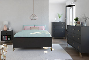 Free up closet space with the Novogratz Owen Four-Drawer Dresser. The black finish on the laminated engineered wood adds a modern touch while the goldtone metal hairpin legs bring a mid-century retro feel for a stylish piece you will love. Declutter your closet by storing away your folded t-shirts, jeans and extra linens in the four spacious drawers. The durable metal slides on each drawer make opening and closing the drawers easy and smooth. Display decorations and family photos on the top surface.Made of laminated engineered wood; black finish and goldtone metal hairpin legs gives the dresser a mid-century modern style | 4 spacious drawers perfect for storing folded t-shirts, jeans and pajamas; durable metal slides | Display photos and decorations on the top surface | Dresser ships flat to your door | Top surface weight capacity: 50 lbs.; drawer weight capacity: 35 lbs. Each | Includes wall anchor kit to secure dresser | Includes 1-year limited warranty | Finish your room with the entire owen collection for a coordinated look; sold separately | Assembly required; 2 adults recommended