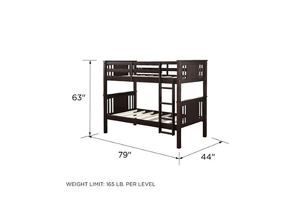 Double the fun and make sharing a room both simple and stylish with the Abigail Twin Bunk Bed by Dorel Living. Brilliantly crafted with both safety and style in mind, the Abigail offers a space saving solution that allows you to maximize your child’s play area. Fabricated with a sturdy wood construction and a clean espresso finish, the Abigail Twin Bunk Bed’s style will easily fit into any existing room decor. The Abigail features a modern twist to the traditional bunk bed by utilizing a slat and paneled design for both the headboard and the footboard. It comes fitted with a guard rail on the top bunk and a sleek and sturdy step ladder perfect for your children’s feet. Convert into two twin beds, the Dorel Living Abigail Twin Bunk Bed will meet the needs of your growing children for years to come.Made of engineered wood | Traditional twin size bunk bed for kids. Conveniently separates into two separate twin beds. | Sturdy construction with a 4-step ladder and guard rails for added security on top bunk. Headboard and footboard feature a combination of a full panel and slat design. | Designed to be used with two standard twin-sized coil spring mattresses only. Box spring not required. | 1 Year limited warranty | Asssembly required