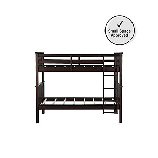 Double the fun and make sharing a room both simple and stylish with the Abigail Twin Bunk Bed by Dorel Living. Brilliantly crafted with both safety and style in mind, the Abigail offers a space saving solution that allows you to maximize your child’s play area. Fabricated with a sturdy wood construction and a clean espresso finish, the Abigail Twin Bunk Bed’s style will easily fit into any existing room decor. The Abigail features a modern twist to the traditional bunk bed by utilizing a slat and paneled design for both the headboard and the footboard. It comes fitted with a guard rail on the top bunk and a sleek and sturdy step ladder perfect for your children’s feet. Convert into two twin beds, the Dorel Living Abigail Twin Bunk Bed will meet the needs of your growing children for years to come.Made of engineered wood | Traditional twin size bunk bed for kids. Conveniently separates into two separate twin beds. | Sturdy construction with a 4-step ladder and guard rails for added security on top bunk. Headboard and footboard feature a combination of a full panel and slat design. | Designed to be used with two standard twin-sized coil spring mattresses only. Box spring not required. | 1 Year limited warranty | Asssembly required