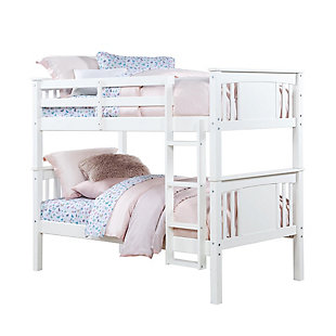 Double the fun and make sharing a room both simple and stylish with the Abigail Twin Bunk Bed by Dorel Living. Brilliantly crafted with both safety and style in mind, the Abigail offers a space saving solution that allows you to maximize your child’s play area. Fabricated with a sturdy wood construction and a classic white finish, the Abigail Twin Bunk Bed’s style will easily fit into any existing room decor. The Abigail features a modern twist to the traditional bunk bed by utilizing a slat and paneled design for both the headboard and the footboard. It comes fitted with a guard rail on the top bunk and a sleek and sturdy step ladder that is perfect for your children’s feet. Convert into two twin beds, the Dorel Living Abigail Twin Bunk Bed will meet the needs of your growing children for years to come.Made of engineered wood | Traditional twin size bunk bed for kids. Conveniently separates into two separate twin beds. | Sturdy construction with a 4-step ladder and guard rails for added security on top bunk. Headboard and footboard feature a combination of a full panel and slat design. | Designed to be used with two standard twin-sized coil spring mattresses only. Box spring not required. | 1 Year limited warranty | Asssembly required