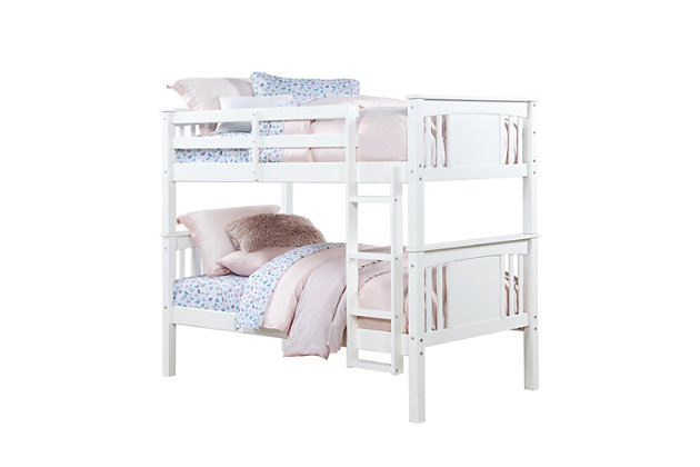 Double the fun and make sharing a room both simple and stylish with the Abigail Twin Bunk Bed by Dorel Living. Brilliantly crafted with both safety and style in mind, the Abigail offers a space saving solution that allows you to maximize your child’s play area. Fabricated with a sturdy wood construction and a classic white finish, the Abigail Twin Bunk Bed’s style will easily fit into any existing room decor. The Abigail features a modern twist to the traditional bunk bed by utilizing a slat and paneled design for both the headboard and the footboard. It comes fitted with a guard rail on the top bunk and a sleek and sturdy step ladder that is perfect for your children’s feet. Convert into two twin beds, the Dorel Living Abigail Twin Bunk Bed will meet the needs of your growing children for years to come.Made of engineered wood | Traditional twin size bunk bed for kids. Conveniently separates into two separate twin beds. | Sturdy construction with a 4-step ladder and guard rails for added security on top bunk. Headboard and footboard feature a combination of a full panel and slat design. | Designed to be used with two standard twin-sized coil spring mattresses only. Box spring not required. | 1 Year limited warranty | Asssembly required