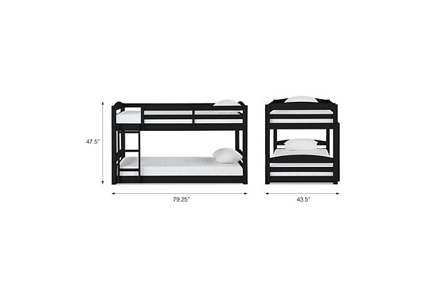 Sleep in style with the customizable, space-saving design of the Atwater Living Aaida Bunk Bed. The increased sleeping capacity is common sense solution for cottages, extended family, out-of-town guests or hosting your child’s rambunctious friends for a sleepover. The Aaida features a black finish, clean lines and horizontal slats with a built-in stepladder to access the top bunk. Each bed features its own personal space with easy dependable access in and out. The ultimate space-saver, the Aaida’s multiple configurations also allow it to be set up as a traditional bunk bed or simply as two separate twin beds. The unique floor bunk bed design will allow you to maximize your space while the sturdy, solid construction adds both durability and functionality. Fun, safe and stylish, the Atwater Living Aaida Twin Bunk Bed is the perfect antidote for sleeping multiple people in smaller spaces.Made of wood and engineered wood | Transitional twin size bunk bed made with a solid wood construction. | Easily converts into two separate twin size beds. Each bed is designed to accommodate a standard twin size mattress (sold separately). Bed slats included and no box spring required. | Small space living approved. Promises optimal support and durability with sturdy integrated ladder and slats. | 1 Year limited warranty | Asssembly required