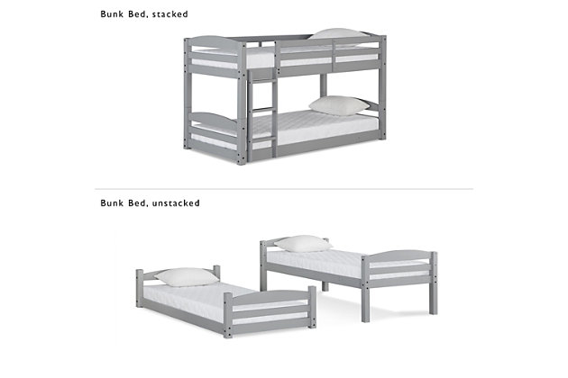 Sleep in style with the customizable, space-saving design of the Atwater Living Aaida Bunk Bed. The increased sleeping capacity is common sense for cottages, extended family, out of town guests or hosting your child’s rambunctious friends for a sleepover. The Aaida features a gray finish, clean lines and horizontal slats with a built-in stepladder to access the top bunk. Each bed features its own personal space with easy dependable access in and out. The ultimate space saver, the Aaida’s multiple configurations also allow it to be set up as a traditional bunk bed or simply two separate twin beds. The unique floor bunk bed design will allow you to maximize your space while the sturdy, solid construction adds both durability and functionality. Fun, safe and stylish, the Atwater Living Aaida Twin Bunk Bed is the perfect antidote for sleeping multiple people in smaller spaces.Made of wood and engineered wood | Transitional twin size bunk bed made with a solid wood construction. | Easily converts into two separate twin size beds. Each bed is designed to accommodate a standard twin size mattress (sold separately). Bed slats included and no box spring required. | Small space living approved. Promises optimal support and durability with sturdy integrated ladder and slats. | 1 Year limited warranty | Asssembly required