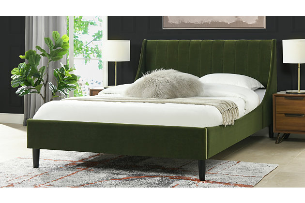 A simple yet elegant look gives the Aspen Upholstered Platform Bed a modern yet timeless feel. The subtle vertical channel tufting of the low headboard and simple, solid wood legs are a nod to a retro 70's look, made modern by the graceful, curved wings that sweep seamlessly into the side- and foot-panels for a completely unique platform design. Available in Queen, King and California King sizes in all the trend worthy colors from Evergreen to Ash Rose to Anthracite Black, the Aspen Bed Set is the perfect centerpiece to your master suite, guest room, or teen's room.Handmade by master furniture craftsmen for the highest level of quality | Platform design offers better air circulation for mattresses for a cooler and more comfortable sleeping experience | Sturdy frame of kiln-dried solid birch hardwood and plywood provides excellent support and stability | Channel-tufted headboard features premium fabric atop high-density flame-retardant foam | Included support slats eliminate the need for a box spring and are removable for use with adjustable beds | Recommended mattress height of 7-14 inches | Assembly Required