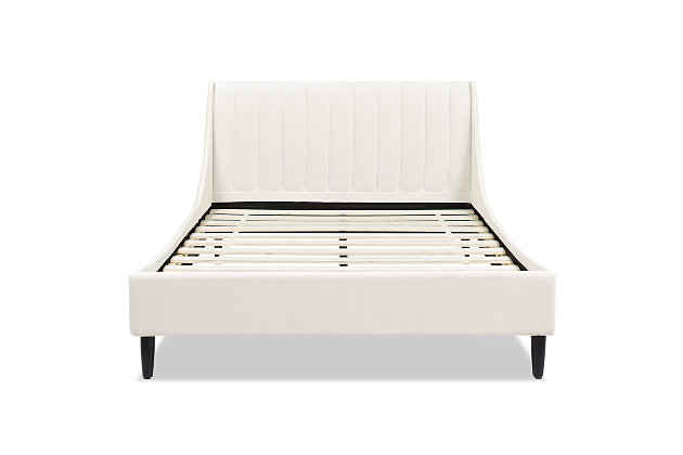 A simple yet elegant look gives the Aspen Upholstered Platform Bed a modern yet timeless feel. The subtle vertical channel tufting of the low headboard and simple, solid wood legs are a nod to a retro 70's look, made modern by the graceful, curved wings that sweep seamlessly into the side- and foot-panels for a completely unique platform design. Available in Queen, King and California King sizes in all the trend worthy colors from Evergreen to Ash Rose to Anthracite Black, the Aspen Bed Set is the perfect centerpiece to your master suite, guest room, or teen's room.Handmade by master furniture craftsmen for the highest level of quality | Platform design offers better air circulation for mattresses for a cooler and more comfortable sleeping experience | Sturdy frame of kiln-dried solid birch hardwood and plywood provides excellent support and stability | Channel-tufted headboard features premium fabric atop high-density flame-retardant foam | Included support slats eliminate the need for a box spring and are removable for use with adjustable beds | Recommended mattress height of 7-14 inches | Assembly Required