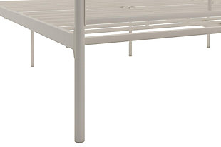 The Novogratz Marion Canopy bed is stylish and classy. Designed with a clean silhouette, this eye-catching piece is crafted in solid and sturdy metal that is stable and durable with secure metal slats that do not require a foundation. It comes with a sophisticated headboard and footboard and with metal side rails and center legs to provide full support and comfort to you and your mattress. The Marion is also practical with 11 inches of clearance beneath the bed, ideal to store things away. Just pair it with the Novogratz Atlas mattress and a comfy duvet and this artfully designed bed frame will become the centerpiece of your room!Stylish and classy design in a clean silhouette. Perfect bed frame to become the centerpiece of your bedroom | Crafted in a sturdy metal frame that includes secured metal slats as well as additional metal side rails and center legs for ensured stability and durability. | Built-in headboard and footboard (bed height is 73"). Clearance beneath the bed can be used for storage (11") | Ships in one box and it is easy to assemble. Available in black and gold in multiple sizes | Assembly required | Does not require a box spring or additional foundation.