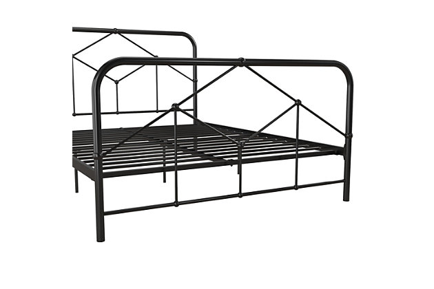 The Novogratz Francis Farmhouse Metal Bed is a chic rustic barnyard dream come true! With its rounded headboard and footboard that features geometric-patterned finial posts, the Francis has a farmhouse feel that can elevate bedrooms of any style. Built with a sturdy metal construction, its frame includes secured metal slats, metal side rails, and additional metal center legs to offer complete support and long lasting durability. What’s more, thanks to the slats, you won’t need to purchase any additional box spring or foundation – all you need is your favorite mattress (sold separately). For added functionality, the Francis has an adjustable base height with a 6.5” or 11” clearance to accommodate your under-bed storage needs. Whether you need space for shoes or seasonal clothing, this metal bed has the small space living solution for you. The Novogratz Francis Farmhouse Metal Bed is available in multiple colors and size combinations to make sure the right option is available to fit your bedroom needs!This metal bed has a rustic barnyard chic design that features geometric-patterned finial posts. | Sturdy metal construction that features metal side rails and additional metal center legs to offer support and durability. Design includes secured metal slats to allow for mattress breathability. | Adjustable base height – 6.5” or 11” clearance – to accommodate your under bed storage needs. | Ships in one easy-to-handle box. Quick assembly. Available in multiple size and colors. | Assembly required | Does not require a box spring or additional foundation.